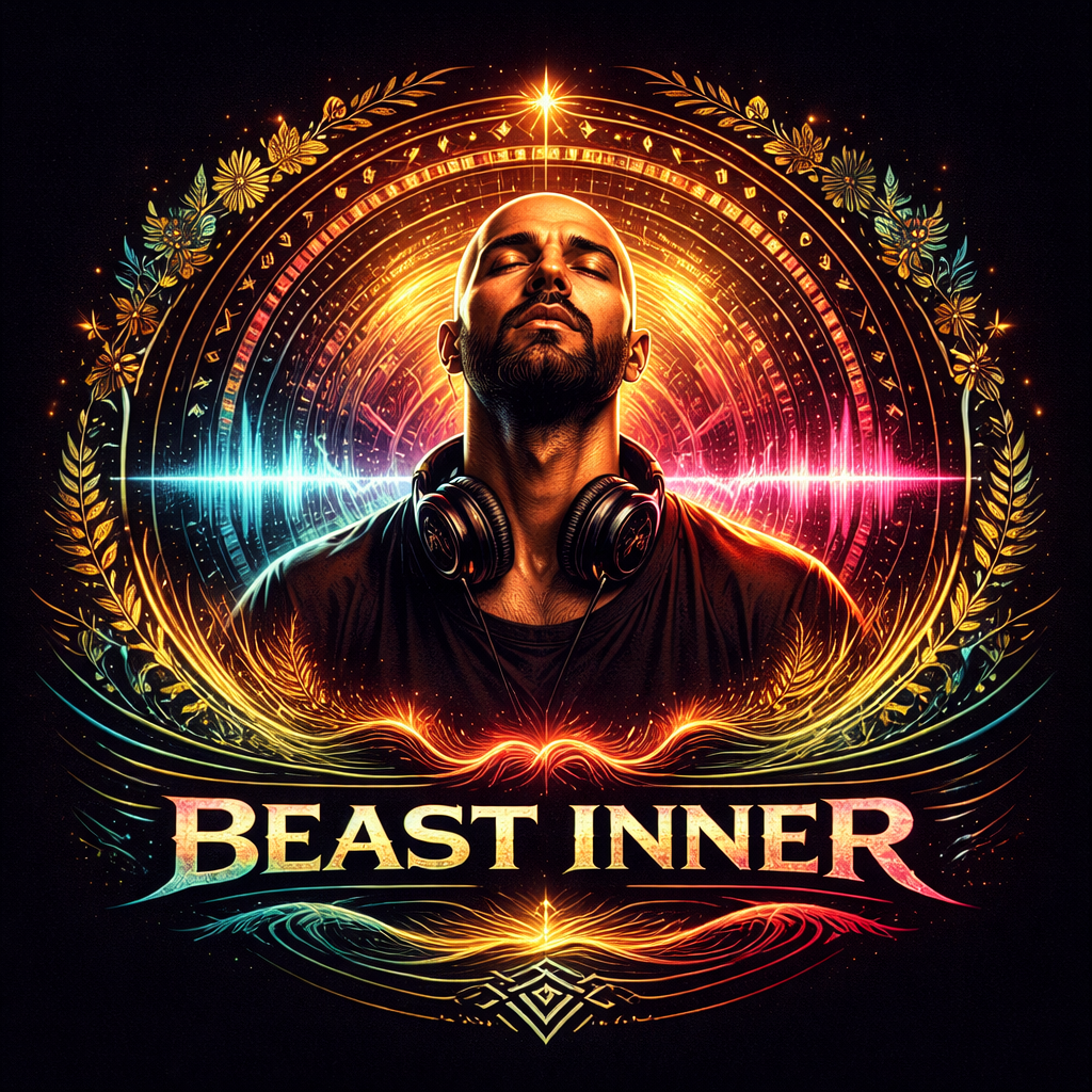A man with headphones around his neck, framed by a glowing soundwave